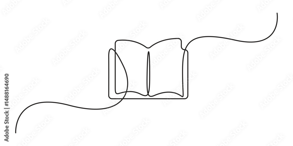 Obraz premium Single line drawing of opened book isolated on white background, Continuous one line drawing of opened book. Book outline vector illustration. Education, idea, school concept vector illustration
