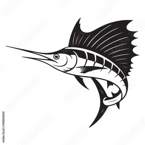 Striking black illustration of a stylized sailfish aquatic creature, Vector black silhouette. with white background