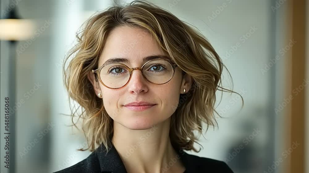 Professional woman with glasses poses confidently in a modern office setting, soft background Professional woman with glasses poses confidently in a modern office setting, soft background