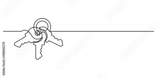 Continuous one line art drawing of a house with a key, Set of keys against white background, Single line art drawing symbol of house keys, Real estate line icon. Vector illustration