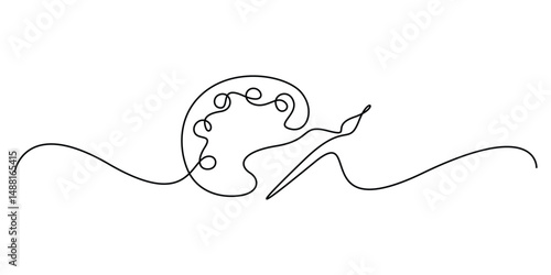 Palette and paint brush continuous one line drawing vector illustration, Single line drawing of a art materials. Artsy brushes and painting palette one line drawing vector illustration
