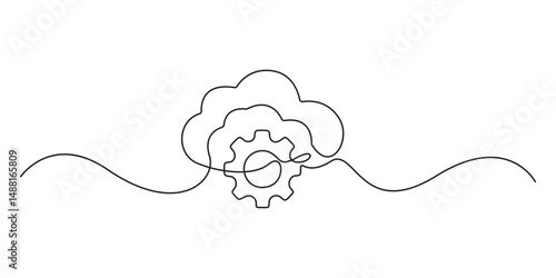 Cloud technology sign. Clods with gears. Continuous single line drawing. Cloud computing, big data Concept. Vector illustration