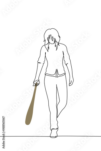 woman full length with disheveled hair walking with sledgehammer dragging it on the floor - one line art vector. concept female rage, aggressive woman