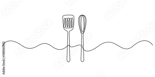 Continuous one line drawing of a kitchen spatula. Single line drawing of cooking spatula isolated on white background vector illustration