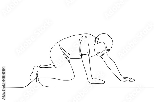 man in full height will crawl on all fours - one line art vector. concept pain syndrome, drunkard, disorientation, fallen