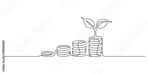 Money plant continuous single line drawing. Growing coin tree symbol, Coins stack with leaves branch continuous one line drawing. Business investing concept. Vector illustration