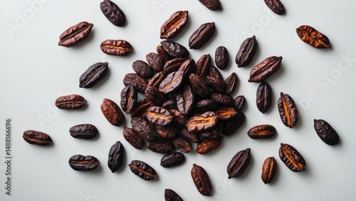Dried cocoa beans seen from above against a background
