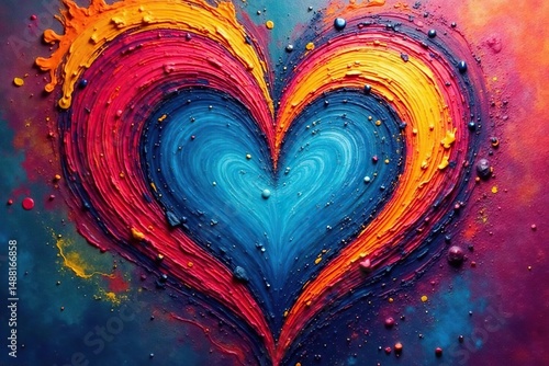 Close-up of a vibrant, abstract painting depicting a symbolic heart shape , design background, colorful