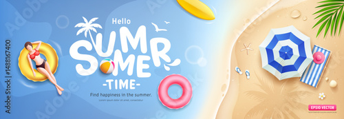 Summer time banner, woman sunbathing on a lifebuoy, beach umbrella, beach bed, coconut tree silhouette, surfboard, coconut leaf on island beach sea blue background, Vector illustration