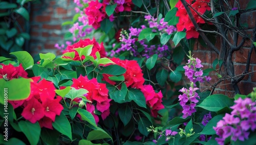 Wallpaper Mural Bougainvillea flowers in vibrant red and pink alongside rich green leaves. Torontodigital.ca