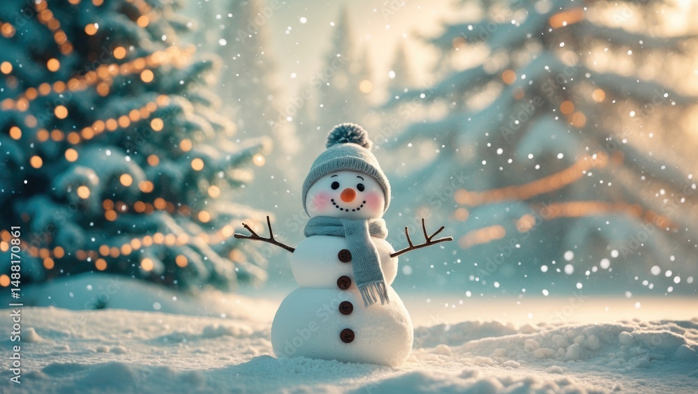 Obraz premium Toy snowman amidst a snowy Christmas tree backdrop. Snowfall. Blurry winter scenery with selective focus.