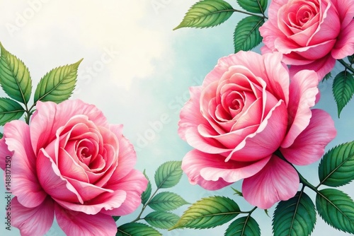 Intricate watercolor rose blooms, lush green leaves , elegant, art