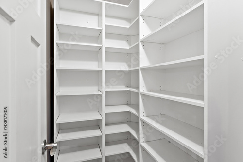 White pantry with shelves and a door
