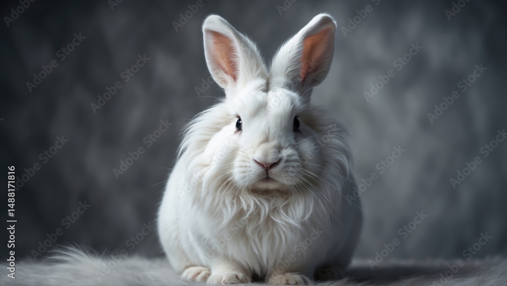 Fototapeta premium A white bunny with a lion head set against a grey backdrop.