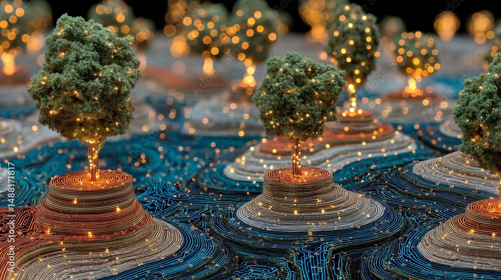 Fototapeta premium A miniature eco-planet with circuit patterns on land and coin clusters in valleys, young trees growing from coin mounds, linked by glowing lines for sustainable finance narrative, no text