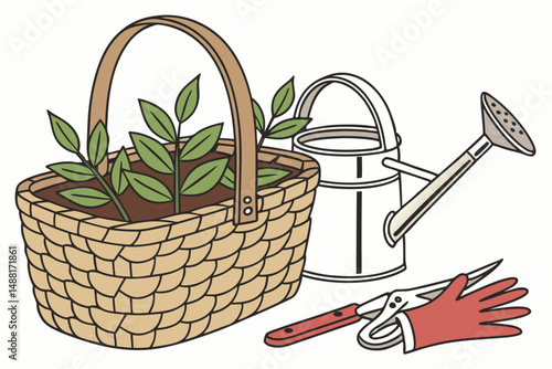 150 wicker basket, gardening tools, watering can, potted plant, gardening gloves, realistic, detailed, 4k, studio lighting