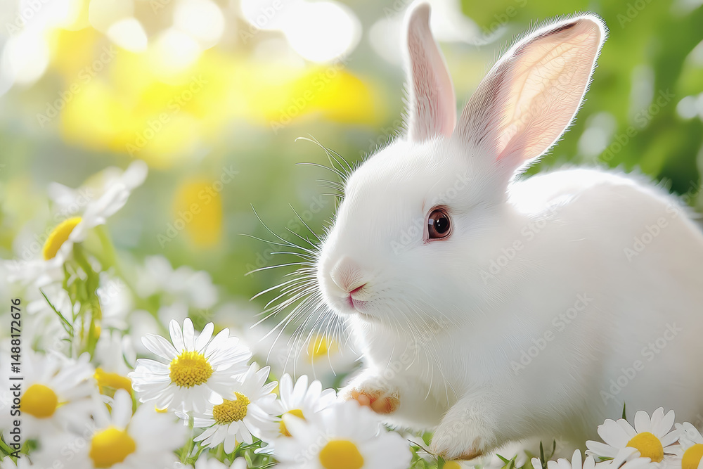 A playful white rabbit hopping among daisies in a field with a joyful expression capturing the essence of spring A playful white rabbit hopping among daisies in a field with a joyful expression capturing the essence of spring