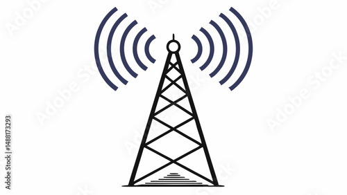 Black Antenna Tower with Three Signal Waves on White Background – Telecom Infrastructure Icon Style