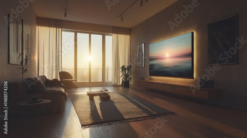 Wallpaper Mural a modern living room with sunset light coming through large windows, warm LED lighting around the TV Torontodigital.ca