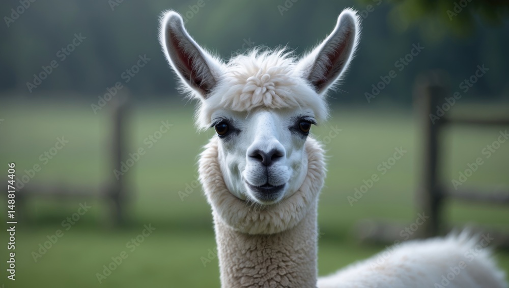 Obraz premium Cute and funny llama face shot on a farm background with a joyful expression