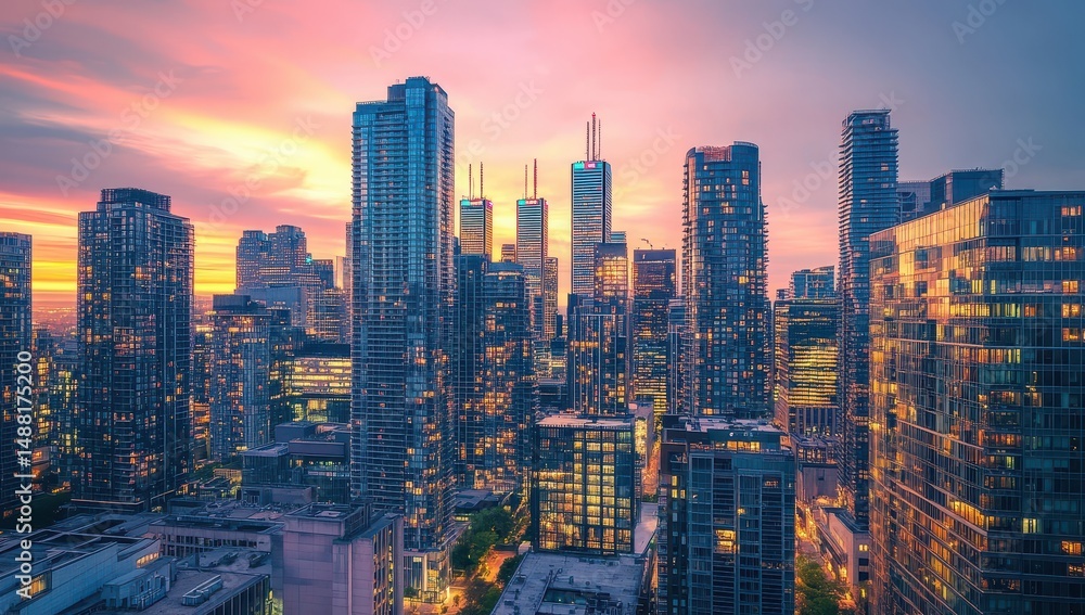 Fototapeta premium Vibrant cityscape at sunset, skyscrapers glow