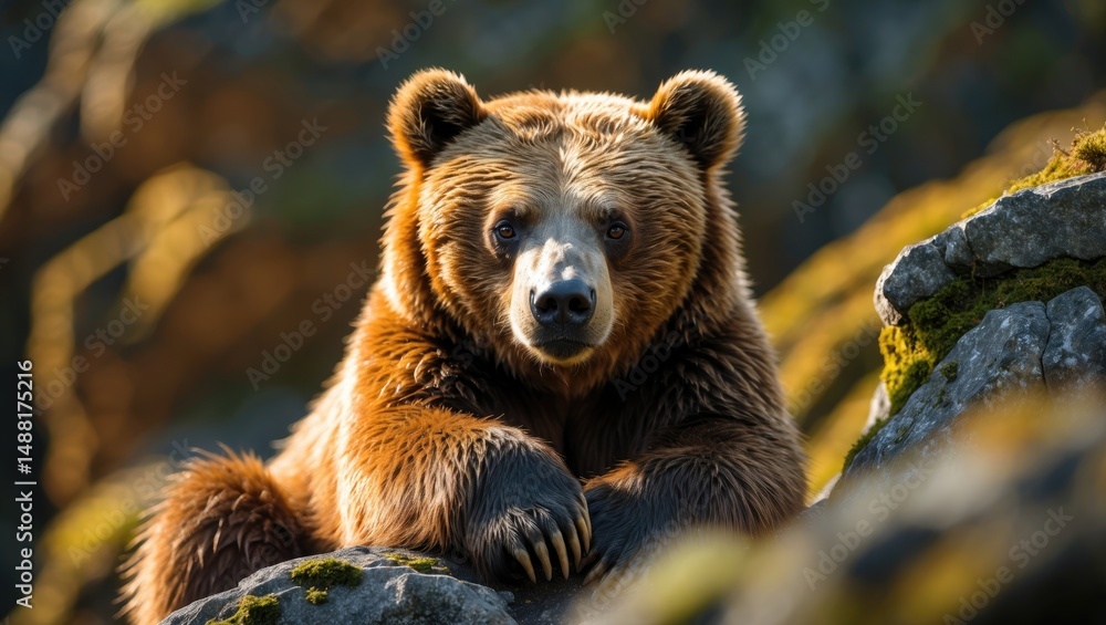 Obraz premium Close-up image of a sun bear sitting on a rock and striking a pose.