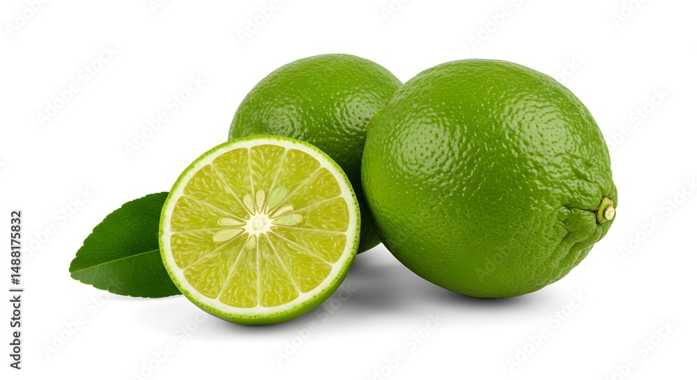 Lime Fruits, Whole and Halved, with a Leaf Lime Fruits, Whole and Halved, with a Leaf