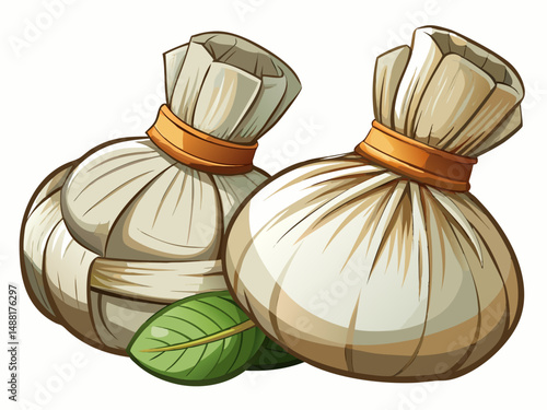 A flat vector of herbal compress balls tied in cotton cloth. White background, traditional Thai spa treatment