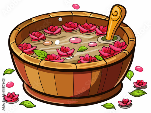 A wooden foot bath tub filled with hot water and floating rose petals. White background, spa foot treatment