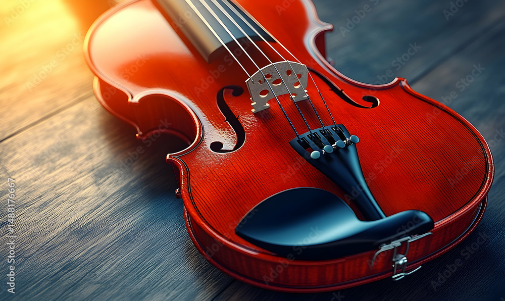 Fototapeta premium A red violin rests on dark, textured wood under warm light, focusing on the instrument's elegant curves and details