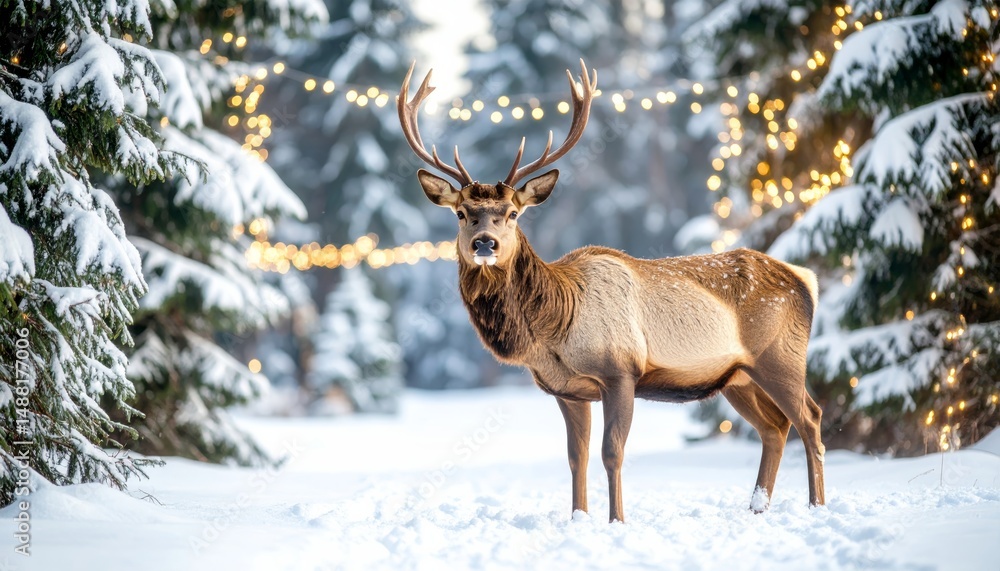 Obraz premium A majestic deer stands in a snowy forest, surrounded by pine trees and festive string lights on a peaceful winter day.