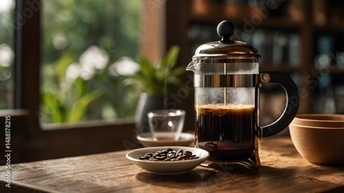 Morning French Press Coffee Brew on Wooden Table with Sunlight and Greenery in Cozy Café Setting.