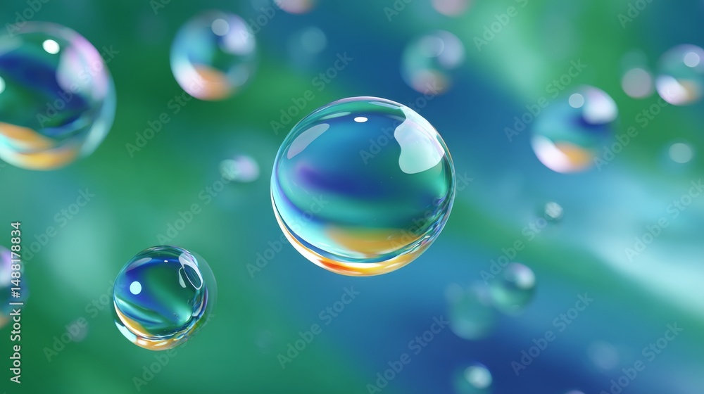 Multiple Colorful Droplets Bouncing Across a Vibrant Abstract Green and Blue Background Multiple Colorful Droplets Bouncing Across a Vibrant Abstract Green and Blue Background