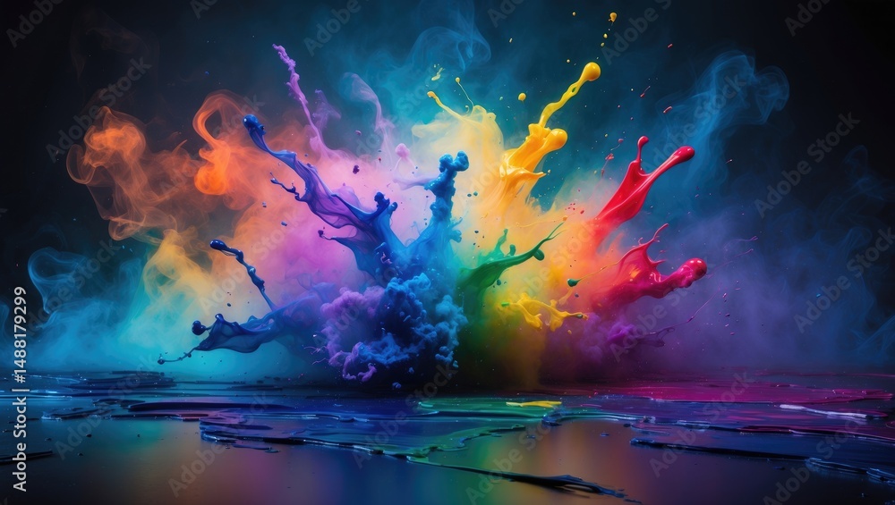 Fototapeta premium Abstract background featuring dark multicolored mist, swirling acrylic paints, and a burst of colors.