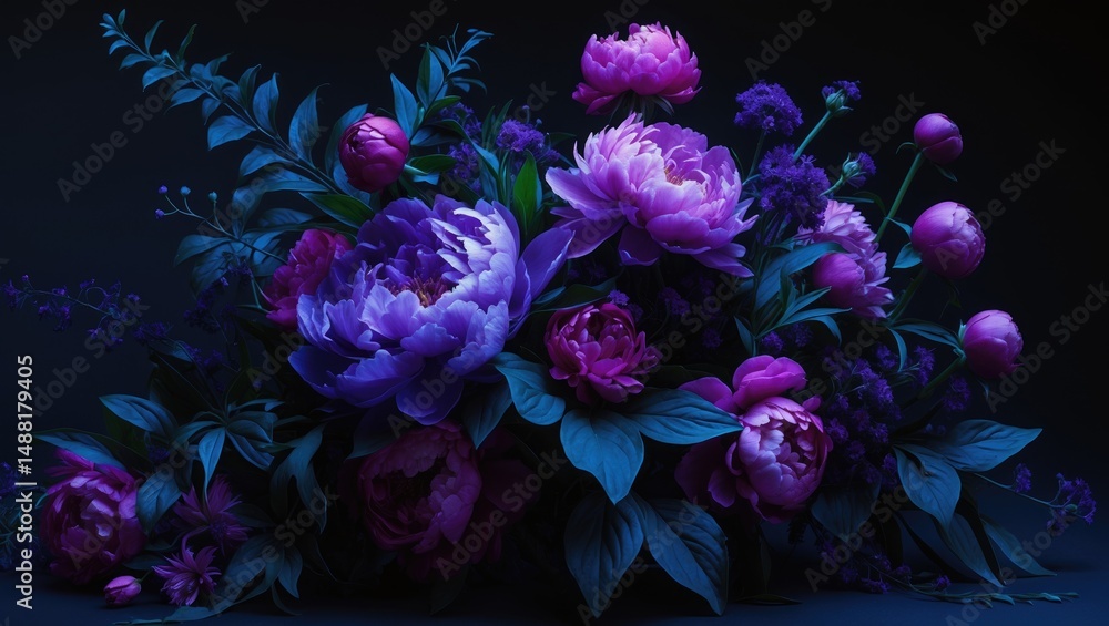 Obraz premium Garden Flower Bouquet. Greeting Card Featuring Flowers with Text Space. Creative Floral Design on Dark Background. Plants, Leaves, and Decorative Flora. Concept of Nature.