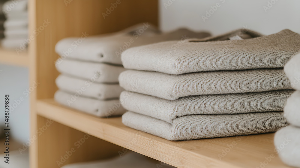 Neatly folded knitwear on a wooden shelf, a cozy display of natural textures and neutral tones for minimalist living and stylish storage solutions. Neatly folded knitwear on a wooden shelf, a cozy display of natural textures and neutral tones for minimalist living and stylish storage solutions.