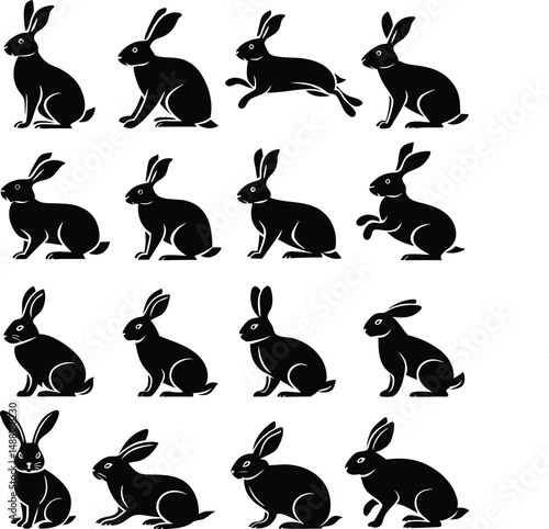 A collection of fifteen black silhouette rabbit illustrations in various poses on a white background
