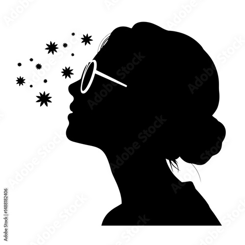 Silhouette of Woman with Sunglasses Protecting Eyes from Pollen, Summer Allergy Concept