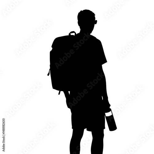 Silhouette of a man standing with a backpack and water bottle  