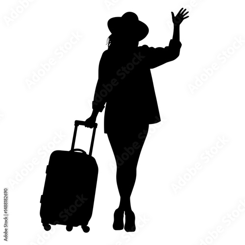 Silhouette of Excited Traveler with Luggage and Hat Waving, Summer Travel Concept