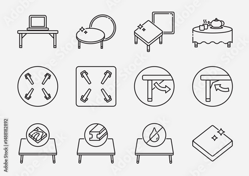 Japanese folding table line icon set