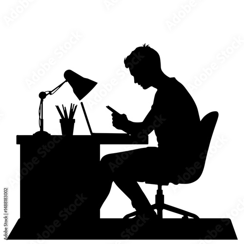 Silhouette of Student Studying at Desk, College Exam Preparation Concept