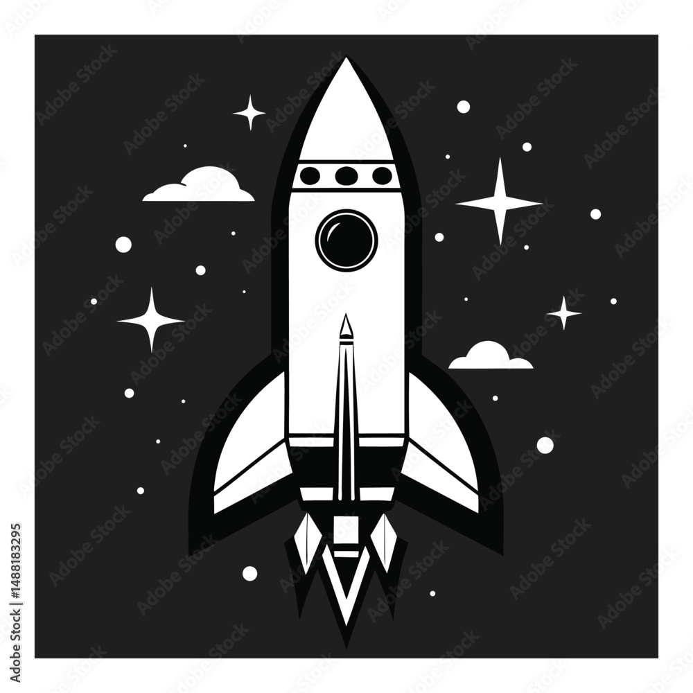 Retro Space Rocket Minimalist Black and White Design Retro Space Rocket Minimalist Black and White Design