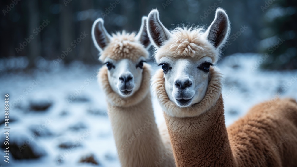 Fototapeta premium Happy little alpacas in wintertime outdoors