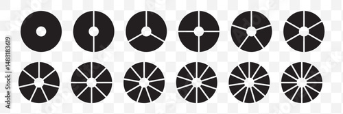 Pie chart color icons. Segment slice sign. Circle section graph. 1,2,3,4,5 segment infographic. Wheel round diagram part symbol. Three phase, six circular cycle. Geometric element. Vector illustration