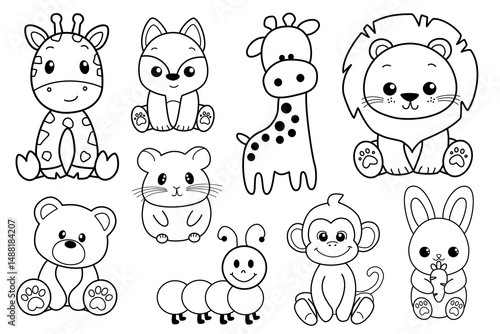 Set of cute animals doodle cartoon. Hand drawn vector illustration. Perfect for postcard,  birthday, baby book and children room.