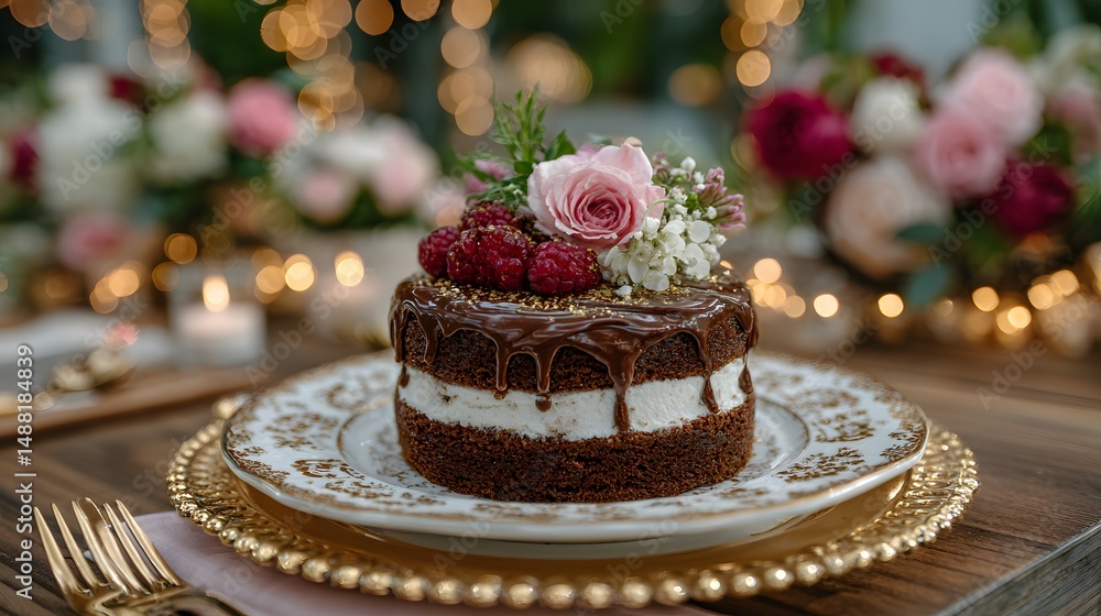 World Chocolate Day, Decadent chocolate cake centerpiece, elegant dessert adorned with fresh berries and floral accents, ideal for celebrations. World Chocolate Day, Decadent chocolate cake centerpiece, elegant dessert adorned with fresh berries and floral accents, ideal for celebrations.