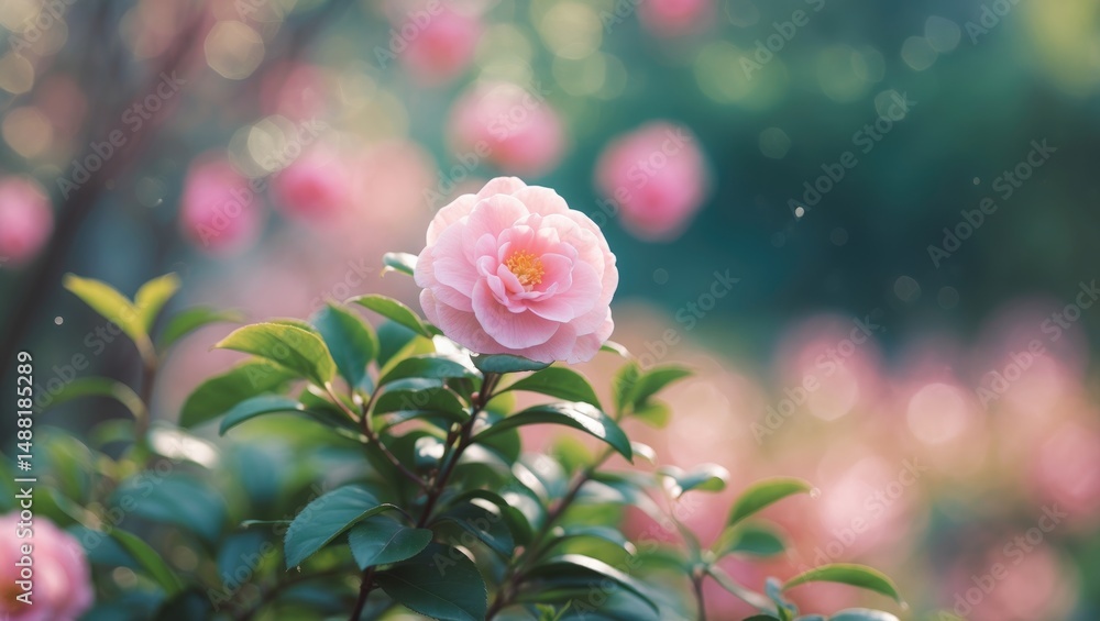 Obraz premium Amazing Lovely Camellia. Soft Pink Blossom On Shrub In Garden.
