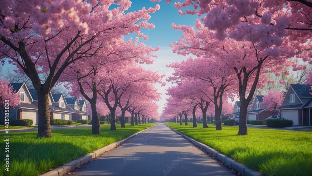 Obraz premium Cherry blossom trees in bloom creating a picturesque street view within a neighborhood subdivision.
