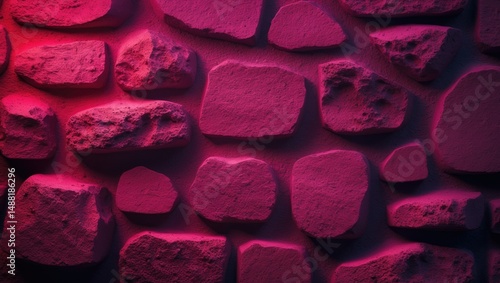 Coarse stone wall in a deep magenta tint, providing a rich and striking texture. Perfect for vertical backdrops, wallpaper, and creative signage.
